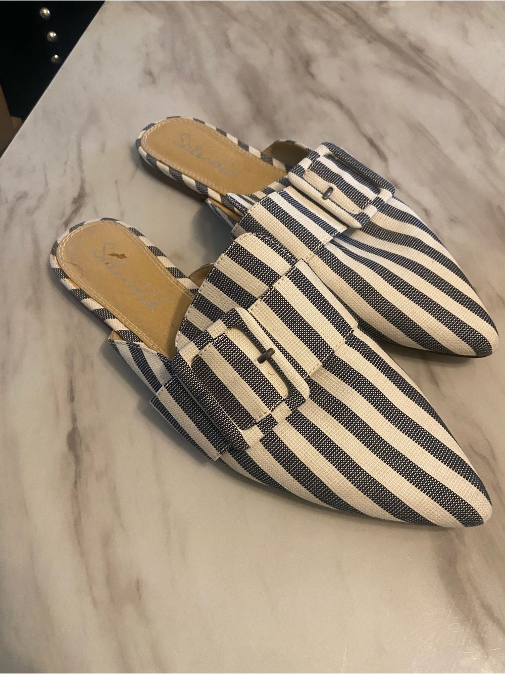 Splendid Navy and White Striped Slip-On Buckle Mules